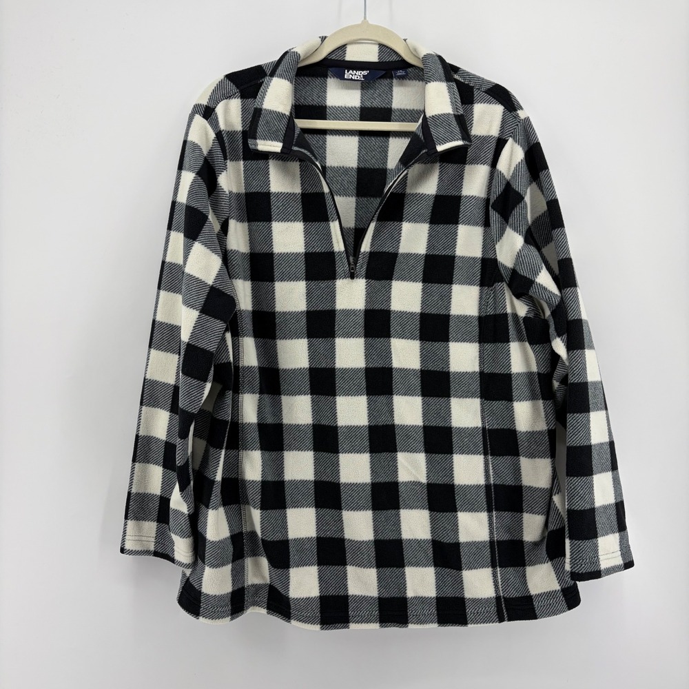 Lands' End Womens 1X Black White Fleece Pullover Buffalo Check Quarter Zip